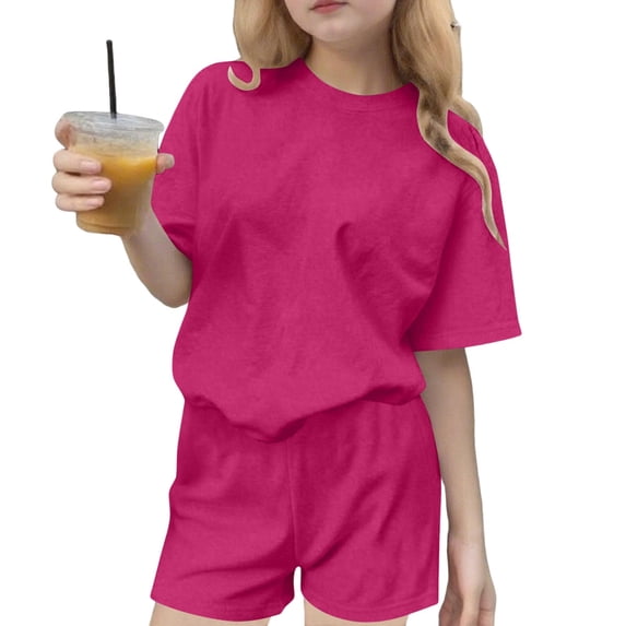 BLTIBY Girls Summer 2 Piece Outfits Short Sleeve T Shirts Top and Shorts Casual Sports Sets Hot Pink 13-14Years