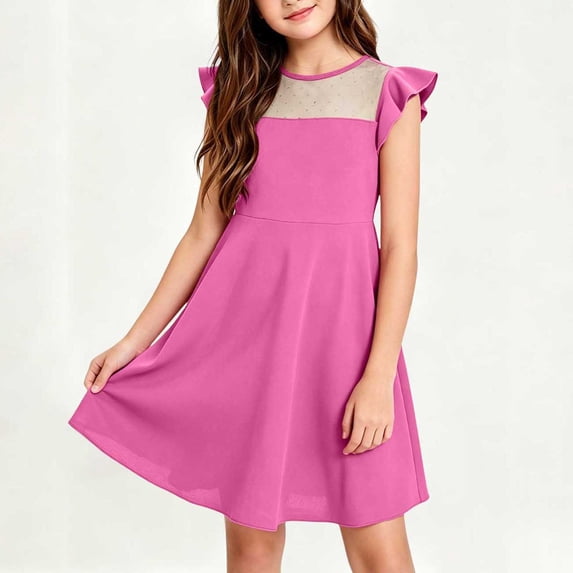 BLTIBY Girls Summer Dress Ruffle Sleeve Mesh A Line Casual Party Dresses Solid Color Wedding Birthday Wear Hot Pink 7-8Years