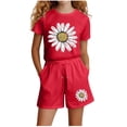 thumbnail image 1 of BLTIBY Girls Summer Outfits Printed Set Cap Sleeve T Shirt and Elastic Waist Shorts 2 Piece Clothing Sets with Pockets Red 5-6 Years, 1 of 5
