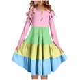 thumbnail image 1 of BLTIBY Girls Summer Ruffle Dress Flutter Long Sleeve Casual Color Block Dresses Elastic Waist Summer Sundress Blue 14-15 Years, 1 of 6
