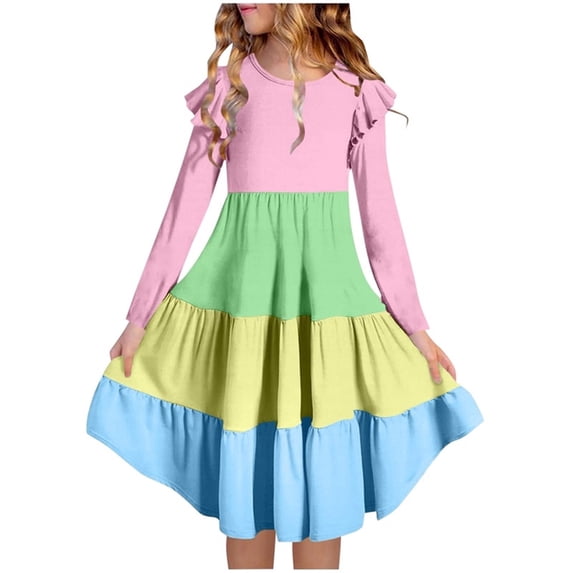 BLTIBY Girls Summer Ruffle Dress Flutter Long Sleeve Casual Color Block Dresses Elastic Waist Summer Sundress Blue 14-15 Years
