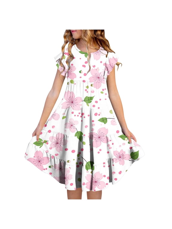 Girls Summer Ruffle Dress Flutter Short Sleeve Casual Print Dresses Elastic Waist Summer Sundress Multicolor 10-11Years