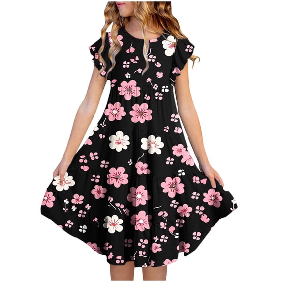 BLTIBY Girls Summer Ruffle Dress Flutter Short Sleeve Casual Print Dresses Elastic Waist Summer Sundress Multicolor 9 12-13 Years