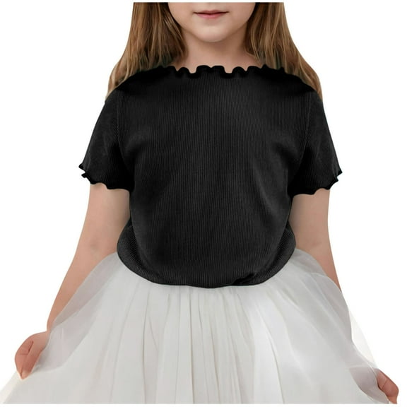 BLTIBY Girls Summer Short Sleeve Top Child Kids Round Neck Solid Color Lace Shirts Infant Toddler Fashion Casual Pullover Blouses 2025 Black 6-7 Years