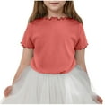 thumbnail image 1 of BLTIBY Girls Summer Short Sleeve Top Child Kids Round Neck Solid Color Lace Shirts Infant Toddler Fashion Casual Pullover Blouses 2025 Watermelon Red 4-5 Years, 1 of 4