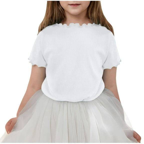 BLTIBY Girls Summer Short Sleeve Top Child Kids Round Neck Solid Color Lace Shirts Infant Toddler Fashion Casual Pullover Blouses 2025 White 3-4 Years