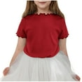 thumbnail image 1 of BLTIBY Girls Summer Short Sleeve Top Child Kids Round Neck Solid Color Lace Shirts Infant Toddler Fashion Casual Pullover Blouses 2025 Wine 4-5 Years, 1 of 4