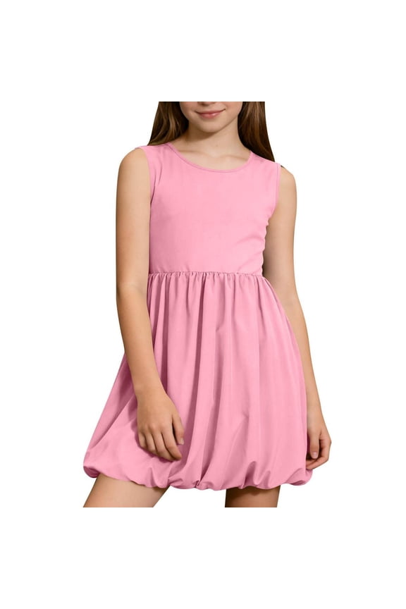 Girls Summer Sleeveless Bubble Dress Kids Cute Crew Neck Tank Mini Dresses with Pockets Pink 5-6 Years