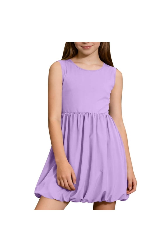 Girls Summer Sleeveless Bubble Dress Kids Cute Crew Neck Tank Mini Dresses with Pockets Purple 7-8 Years
