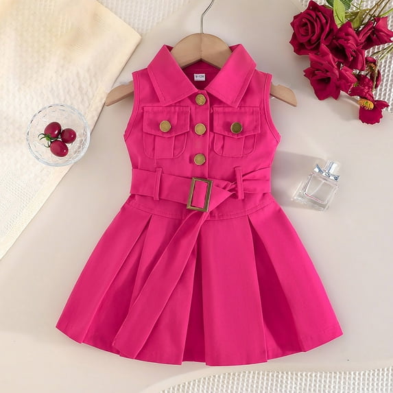 BLTIBY Girls Summer Sleeveless Dress Lapel Button down Mini Pleated Dresses with Adjustable Belt for Sweet Casual Outfits Hot Pink 3-4 Years