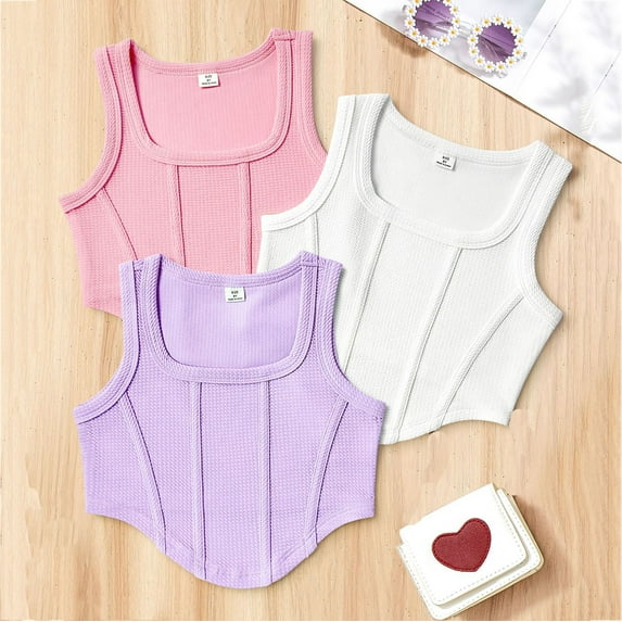 BLTIBY Girls Tank Top Summer Sleeveless Funny Vest T Shirt for Teen Toddler Infant Square Neck Solid Color Fashion Casual Blouse Multicolor 4 8-9 Years