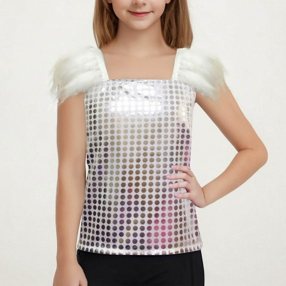 BLTIBY Girls Tank Top Summer Sleeveless Glitter Strap T Shirt for Teen Toddler Infant Solid Color Casual Fashion Performance Blouse Silver 11-12 Years