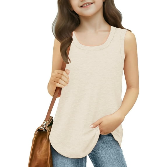 BLTIBY Girls Tank Top Summer Sleeveless Vest T Shirt Toddler Infant Round Neck Solid Color Fashion Casual Comfortable Blouse 2025 Beige 3-4 Years