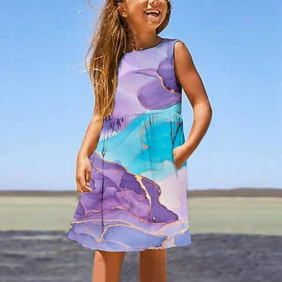 BLTIBY Girls Toddler Dresses 3-14 Years Old Summer Sleeveless Round Neck Printed Princess Dress Baby Casual Birthday Party Beach Kids A-Line Sundress Purple 7-8 Years