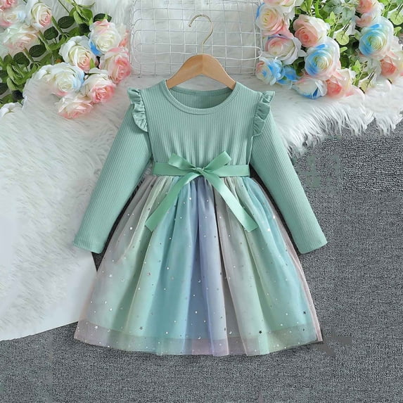 BLTIBY Girls Tulle Dress Princess Dress Long Sleeve Ruffle A Line Sequin Dress Birthday Wedding Outfit with Belt Green 5-6 Years