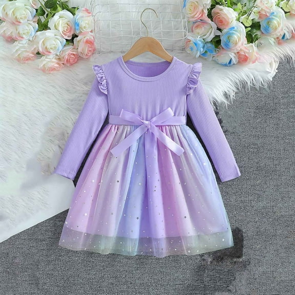 BLTIBY Girls Tulle Dress Princess Dress Long Sleeve Ruffle A Line Sequin Dress Birthday Wedding Outfit with Belt Purple 4-5 Years