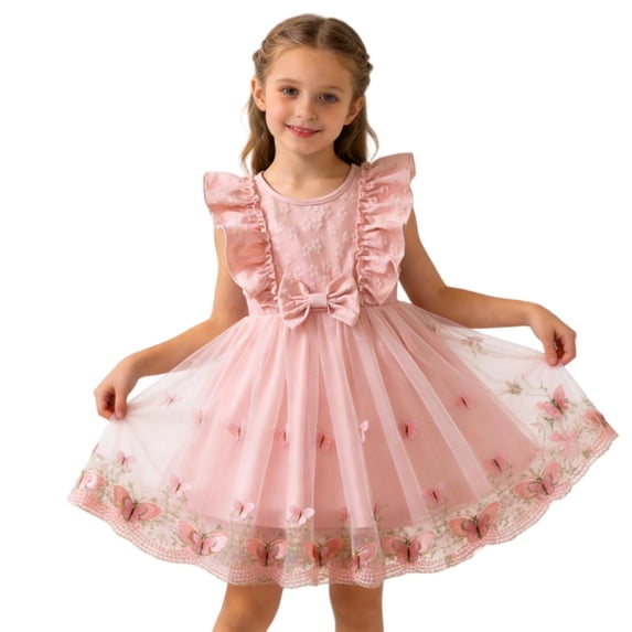 BLTIBY Girls Tulle Dresses Flying Sleeve Casual Flower Embroidery Comfort Princess Dress Pink 2-3 Years