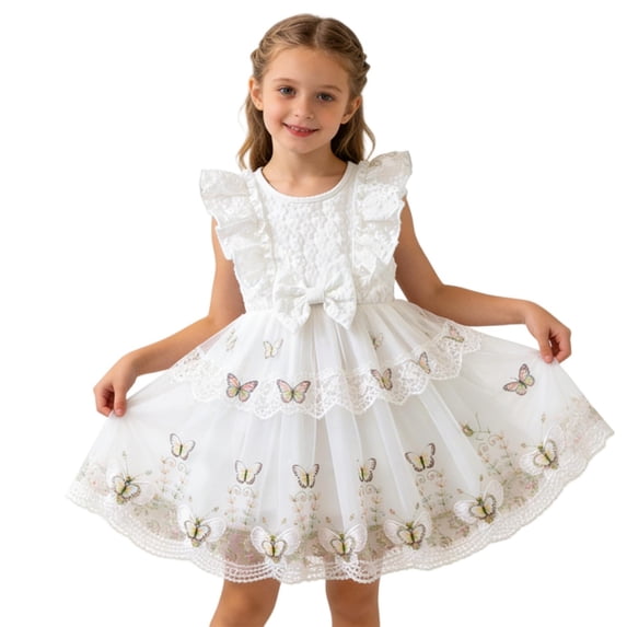 BLTIBY Girls Tulle Dresses Flying Sleeve Casual Flower Embroidery Comfort Princess Dress White 9-12 Months