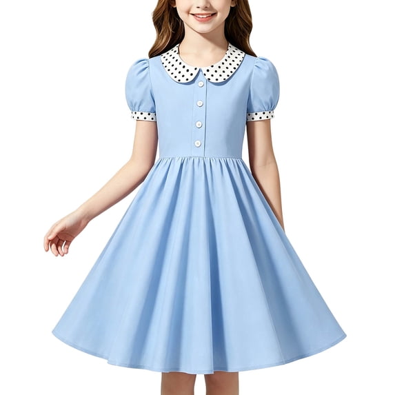 BLTIBY Girls Vintage Dress 50s Retro Leck Button Dresses Short Sleeve A Lined Swing Dress Light Blue 10-11 Years