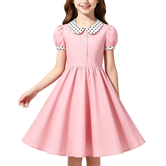 BLTIBY Girls Vintage Dress 50s Retro Leck Button Dresses Short Sleeve A Lined Swing Dress Pink 8-9 Years