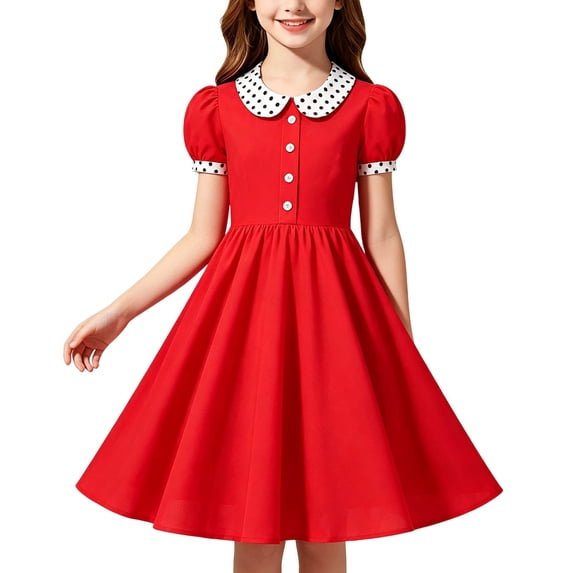 BLTIBY Girls Vintage Dress 50s Retro Leck Button Dresses Short Sleeve A Lined Swing Dress Red 10-11 Years