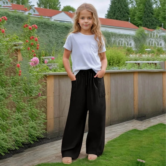 BLTIBY Girls Wide Leg Pants Fall Solid Color Elastic Waist Drawstring Baggy Wide Leg Pants Kids Straight Leg Casual Fashion Trousers with Pockets Black 13-14 Years