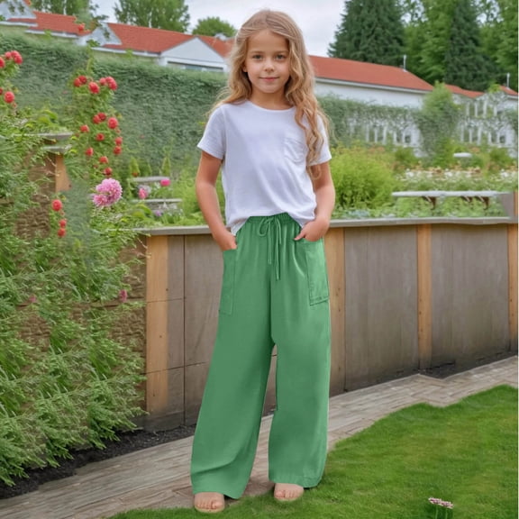 BLTIBY Girls Wide Leg Pants Fall Solid Color Elastic Waist Drawstring Baggy Wide Leg Pants Kids Straight Leg Casual Fashion Trousers with Pockets Green 5-6 Years