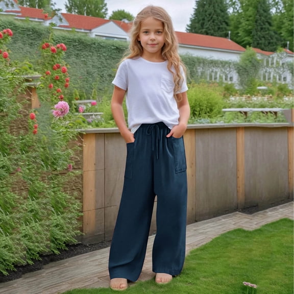 BLTIBY Girls Wide Leg Pants Fall Solid Color Elastic Waist Drawstring Baggy Wide Leg Pants Kids Straight Leg Casual Fashion Trousers with Pockets Navy 7-8 Years