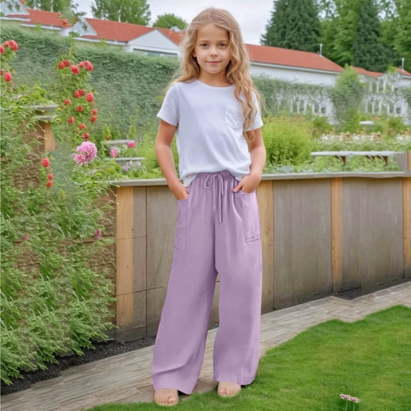 BLTIBY Girls Wide Leg Pants Fall Solid Color Elastic Waist Drawstring Baggy Wide Leg Pants Kids Straight Leg Casual Fashion Trousers with Pockets Purple 9-10 Years