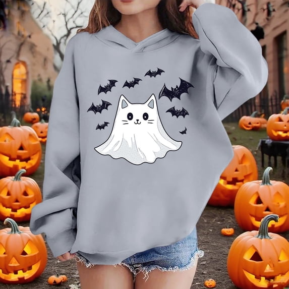 BLTIBY Halloween Sweatshirts Hoodies for Toddler Girl Boy Fall Winter Printed Long Sleeve Tops Comfy Pullover Blouse for Kids Gray 13-14 Years