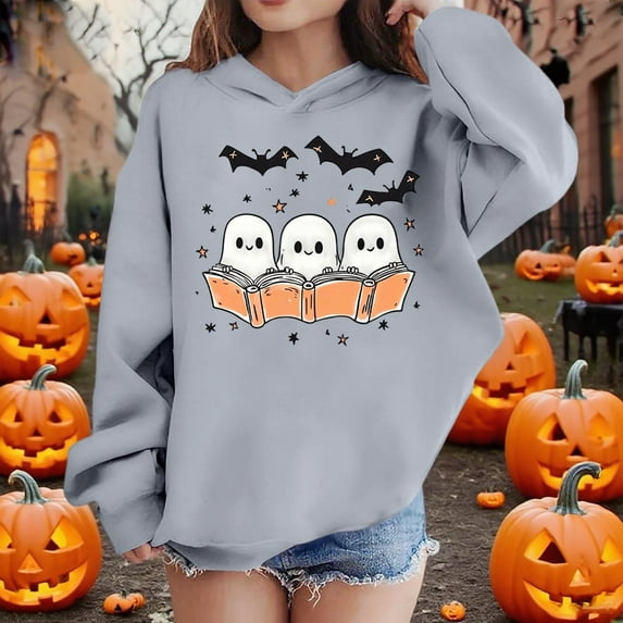 BLTIBY Halloween Sweatshirts Hoodies for Toddler Girl Boy Fall Winter Printed Long Sleeve Tops Comfy Pullover Blouse for Kids Gray 2 11-12 Years