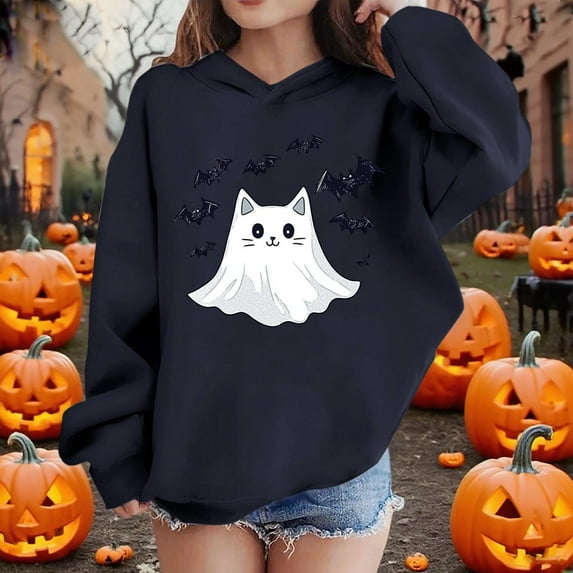 BLTIBY Halloween Sweatshirts Hoodies for Toddler Girl Boy Fall Winter Printed Long Sleeve Tops Comfy Pullover Blouse for Kids Navy 5-6 Years