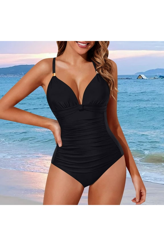 Halter Swimsuits for Women Slimming Tummy Control Maternity Bathing Suit Solid Color V Neck Wraps Fashion Bikini Swimwear Black XXL