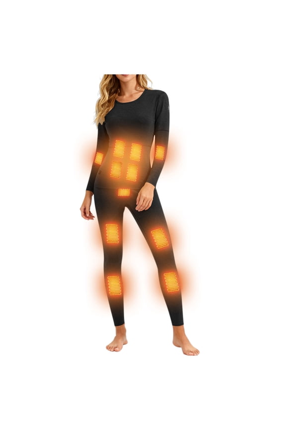 Heated Thermal Underwear Set for Women Winter Outdoor Sports Underwear with 12 Heating Zones Electric Heated Sleepwear Sets Black L