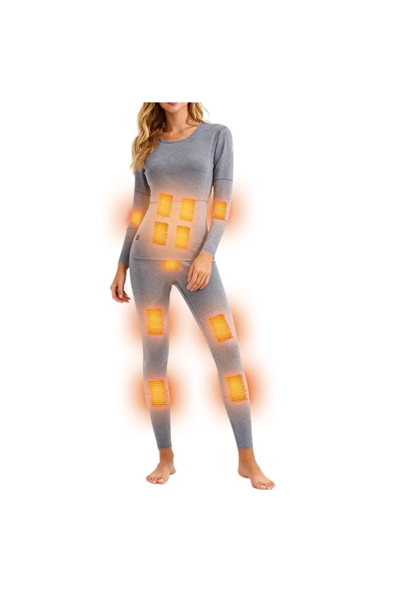 Heated Thermal Underwear Set for Women Winter Outdoor Sports Underwear with 12 Heating Zones Electric Heated Sleepwear Sets Gray M