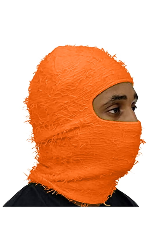 Hot Distressed Balaclava Ski Face Mask Full Face Knitted Hood Cover Winter Windproof Neck Warmer Hat for Adults Orange Free Size
