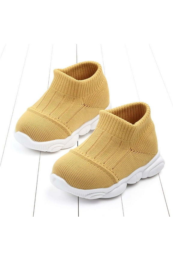 Infant Baby Girls Flats Autumn Soft Sole Shoes Non-Slip Rubber Knit Sole Mary Jane Flats Lightweight Comfy Wedding Dress Shoe Yellow 15-18 Months