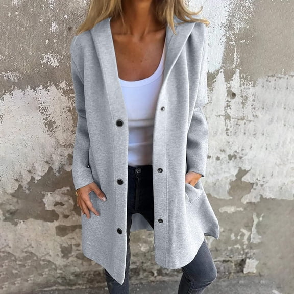 BLTIBY Jackets for Women Hooded Fall Winter Trendy Single Breasted Button Down Long Trench Coat Casual Lightweight Overcoat with Pockets Gray S