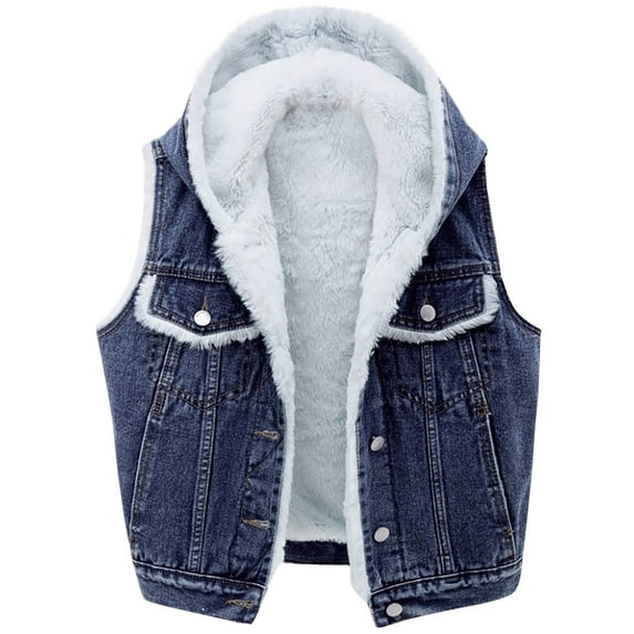 BLTIBY Jean Vest for Women Hooded Fleece Lined Plush Thick Denim Vest Casual Sleeveless Coats Fall Winter Jackets with Pockets Trendy Tops Dark Blue XL