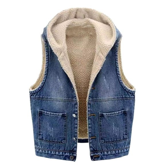 BLTIBY Jean Vest for Women Hooded Fleece Lined Plush Thick Denim Vest Casual Sleeveless Coats Fall Winter Jackets with Pockets Trendy Tops Blue S
