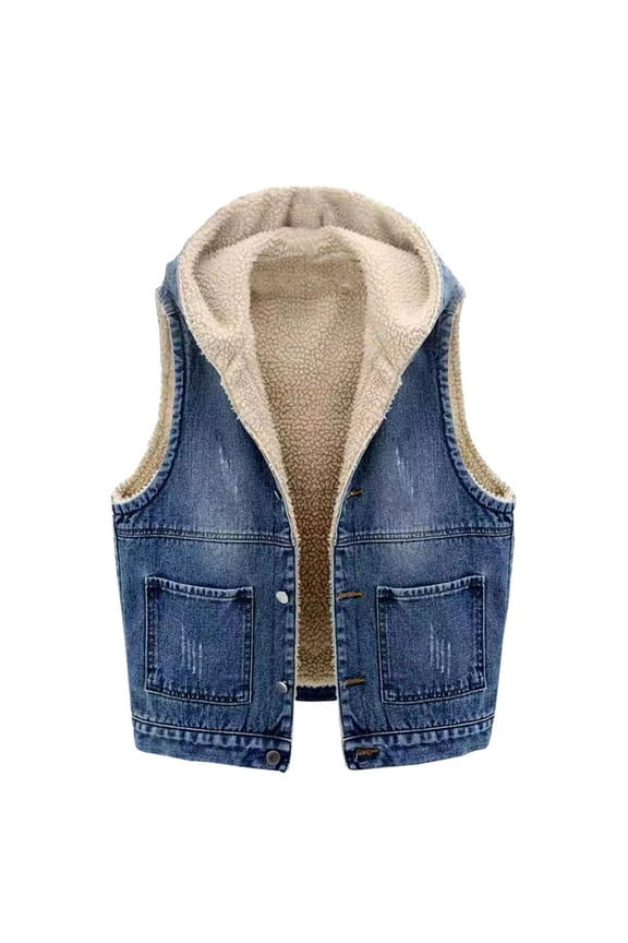 Jean Vest for Women Hooded Fleece Lined Plush Thick Denim Vest Casual Sleeveless Coats Fall Winter Jackets with Pockets Trendy Tops Blue S