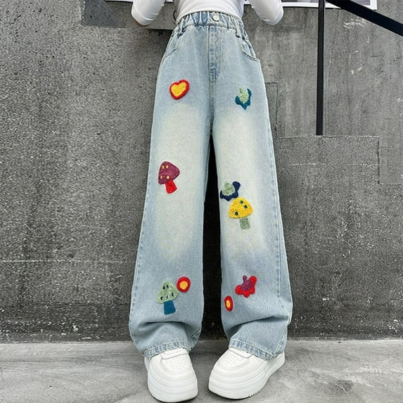 BLTIBY Jeans for Girls Baggy High Waist Straight Leg Wide Leg Denim Pants Y2K Streetwear Fashion Comfort Trousers with Pockets Blue 15 9-10 Years