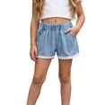 thumbnail image 1 of BLTIBY Jorts for Girls High Waisted Lace Hem Shorts Solid Color Elastic Waist Cute Casual Cake Jeans Shorts Summer Denim Shorts Blue 3 2-3 Years, 1 of 7