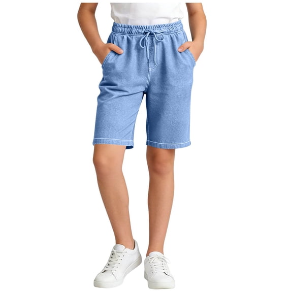 BLTIBY Jorts for Girls High Waisted Shorts Solid Color Drawstring Casual Jeans Shorts Summer Denim Shorts with Pockets Blue 9-10 Years