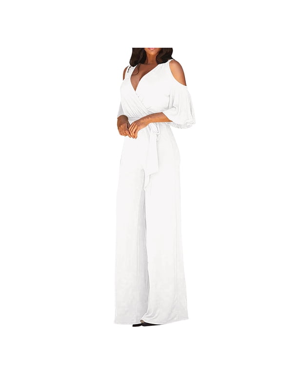 Jumpsuits for Women Dressy Summer Ladies Elegant Casual Off Shoulder Sexy Jumpsuit Fashion Sleepwear Loose Comfortable Leg One Piece Slim Waisted Pants 2024 White M