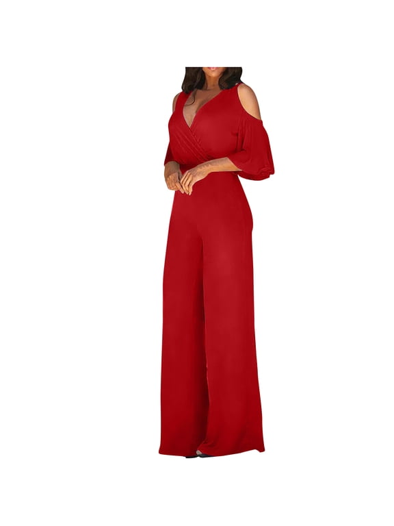 Jumpsuits for Women Dressy Summer Ladies Elegant Casual Off Shoulder Sexy Jumpsuit Fashion Sleepwear Loose Comfortable Leg One Piece Slim Waisted Pants 2024 Red XXL