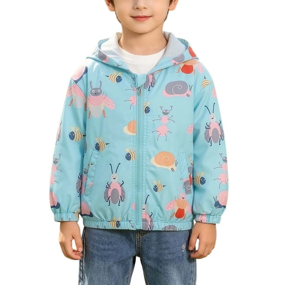 BLTIBY Kids Rain Jacket Windproof Long Sleeve Cute Printed Zip Up Hooded Jackets Lightweight Outdoor Raincoats with Pockets Multicolor 3 8-9 Years