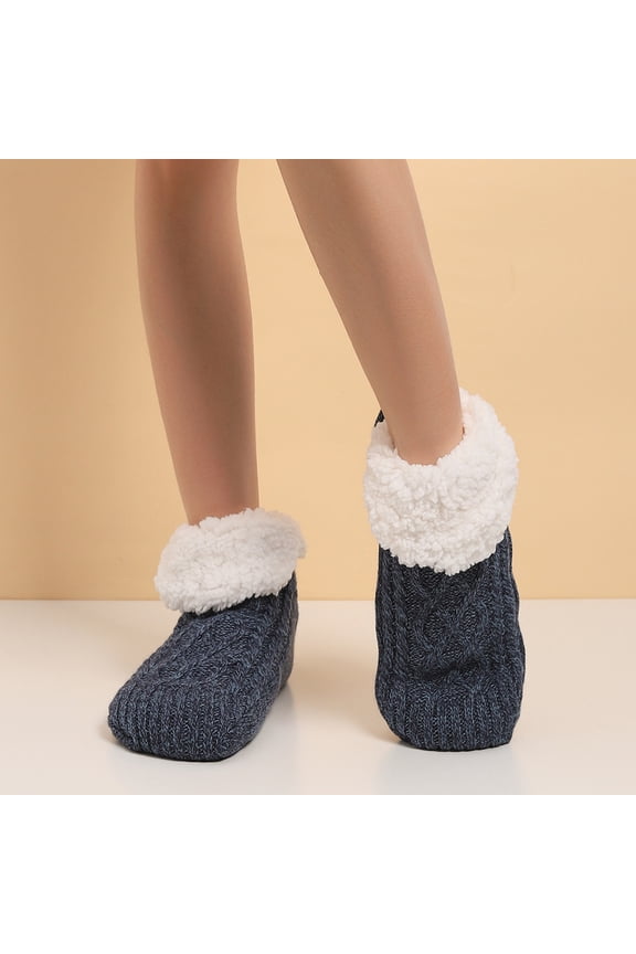 Kids Slipper Sock Boy Girl Chunky Knit Non Slip Socks Cosy Soft Fuzzy Warm Child Thermal Toddler Winter Socks Home Bed Socks Thick Fleece lined Stockings Navy 6-10 Years