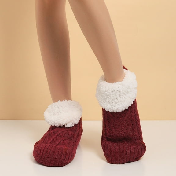 BLTIBY Kids Slipper Sock Boy Girl Chunky Knit Non Slip Socks Cosy Soft Fuzzy Warm Child Thermal Toddler Winter Socks Home Bed Socks Thick Fleece lined Stockings Wine 6-10 Years