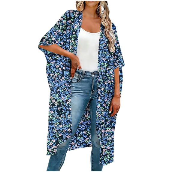 BLTIBY Kimonos for Women Floral Print Swimsuit Beach Cover Ups Lightweight Open Front Cardigan Summer Resort Wear White 4 XXL